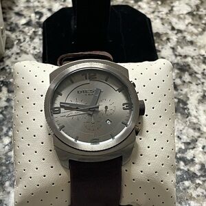 Diesel Silver Dial Chronograph Watch with Brown Leather Strap